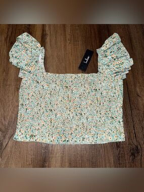 Lulu's Light Blue Floral Smocked Flutter-Sleeve Crop Top